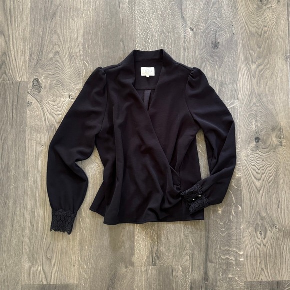 Sezane Tops - Sezane Abelia Wrap Blouse French 36 Black Lace Cuff Button Detail NWOT